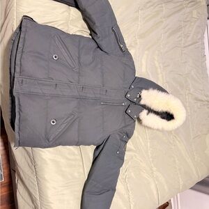 Moose Knuckles Gray Parka with Faux Fur Hood Trim